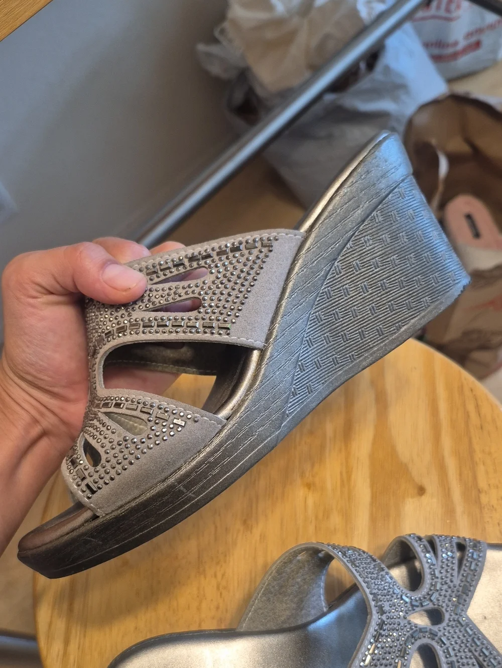 Selex Gray Beddazzled Wedge Heels